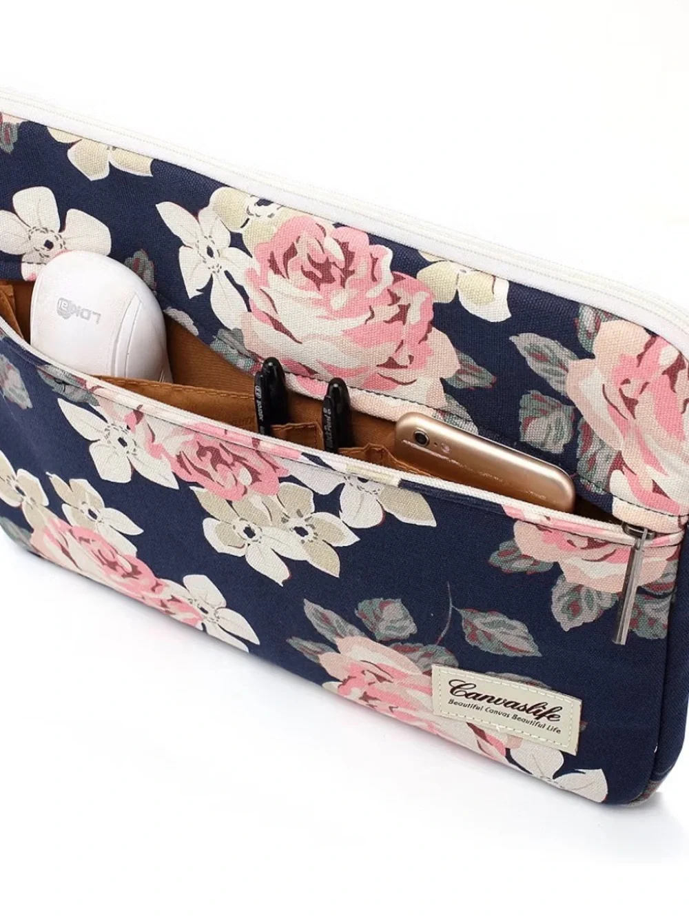 Canvaslife Navy Floral Laptop/Computer Sleeve/Bag - Pink Rose Print NWOT